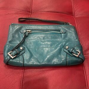 Michael Kors teal Green leather elegant handbag wristlet Moto buckles zips